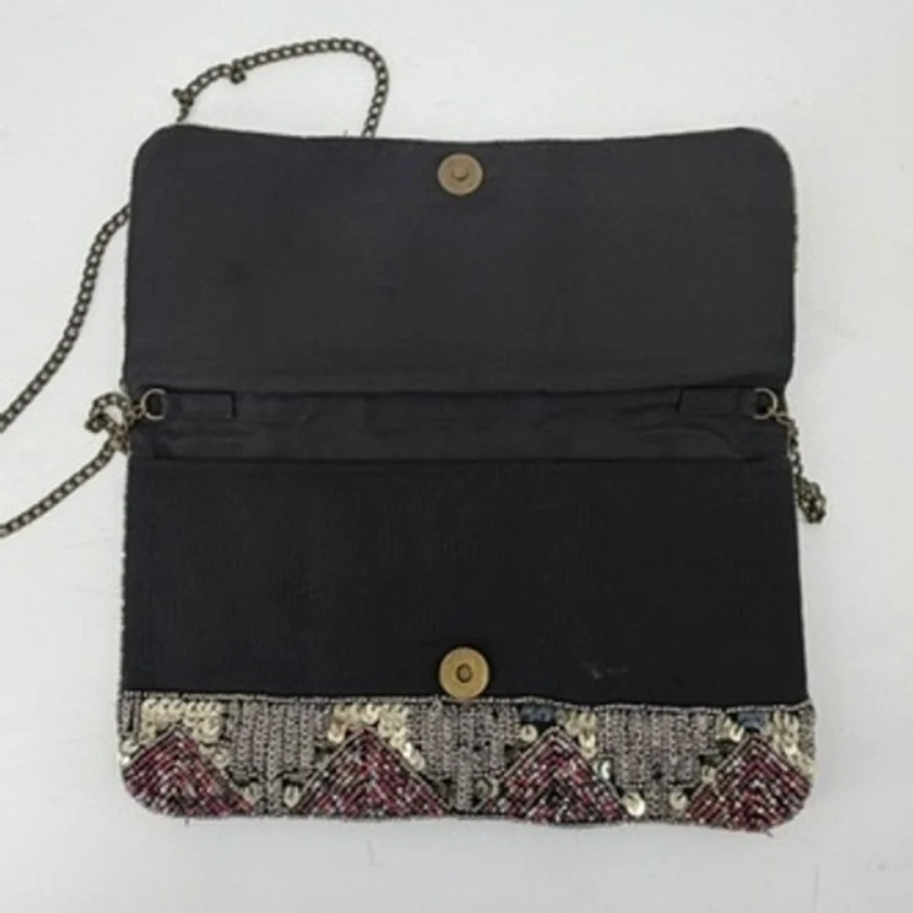 New Look Beaded Sequin Chevron Clutch Bag Bronze Chain Strap Evening Bag